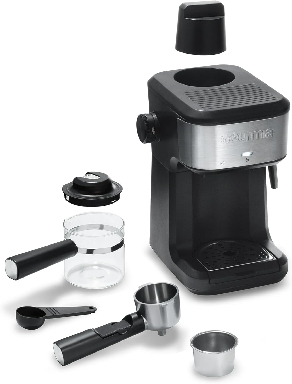 Gourmiia 4-Shot Steam Espresso Maker, Compact Espresso Machine, Cappuccino & Latte Maker with Frothing Wand, Glass Carafe, Coffee Maker Brews with Steam