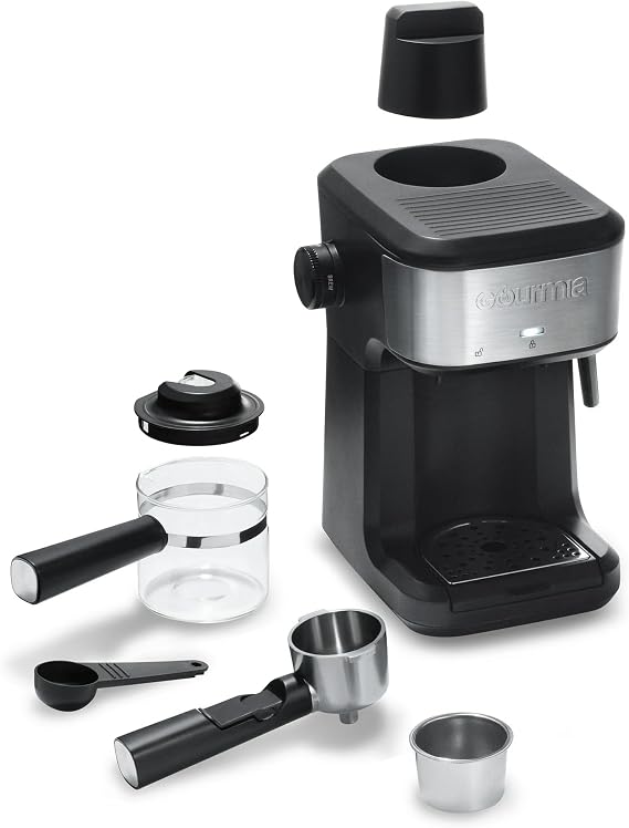Gourmiia 4-Shot Steam Espresso Maker, Compact Espresso Machine, Cappuccino & Latte Maker with Frothing Wand, Glass Carafe, Coffee Maker Brews with Steam