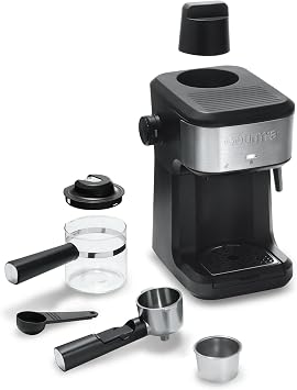 Gourmiia 4-Shot Steam Espresso Maker, Compact Espresso Machine, Cappuccino & Latte Maker with Frothing Wand, Glass Carafe, Coffee Maker Brews with Steam