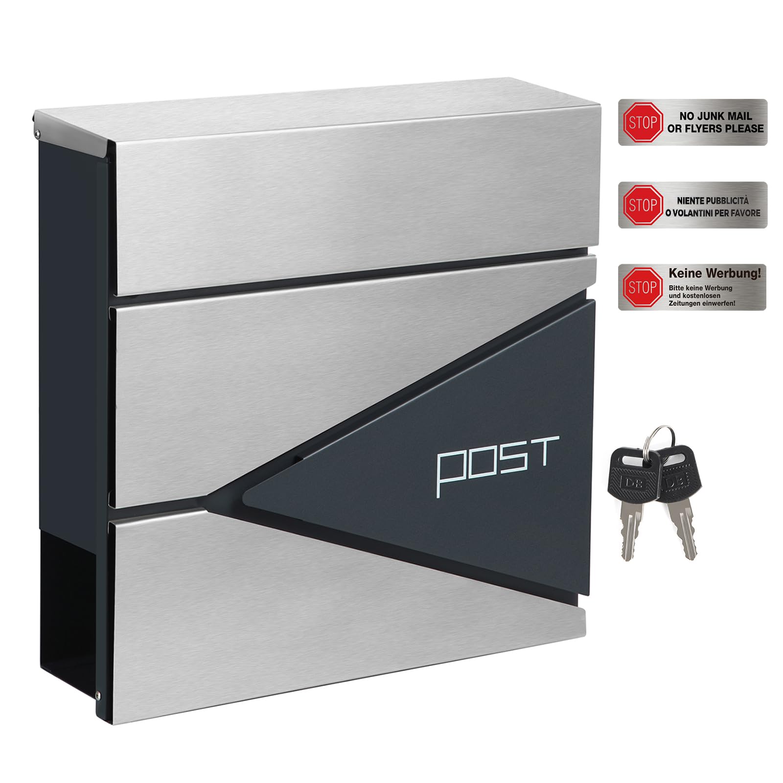 SONGMICS XXL Briefkasten, abschließbarer Wandbriefkasten, mit Zeitungsfach, einfache Montage, modern, anthrazit-silbern GMB51AS