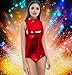 Javly Women's Shiny Metallic Dance Leotard Spandex Mock-Turtleneck Neck Zip Back One Piece Dancewear BodySuit, Red, Medium
