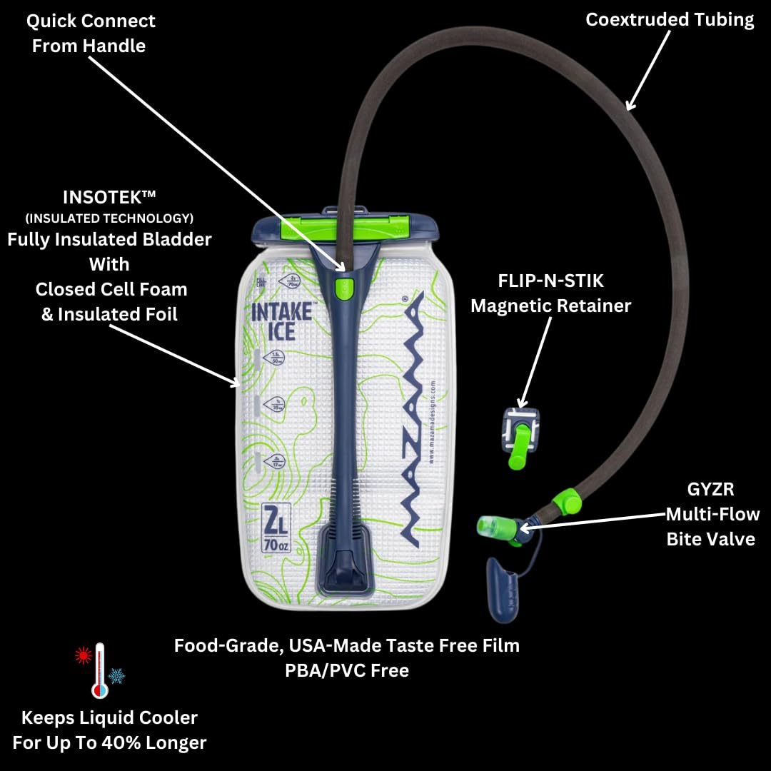 Mazama Intake ICE 2L Insulated Water Hydration Reservoir - Keeps Liquids Cold for up to 4 Hours - GYZR Bite Valve - Water Bladder for Hiking and Outdoor Adventures