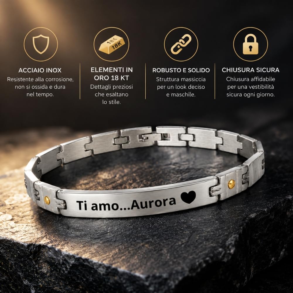 Bracciale Uomo Personalizzabile con Incisione in Acciaio Inox ed Elementi in Oro, Incidi Frasi Simboli Date e Nomi, Gioiello Personalizzato per Marito Fidanzato Compagno, Idea Regalo per Lui