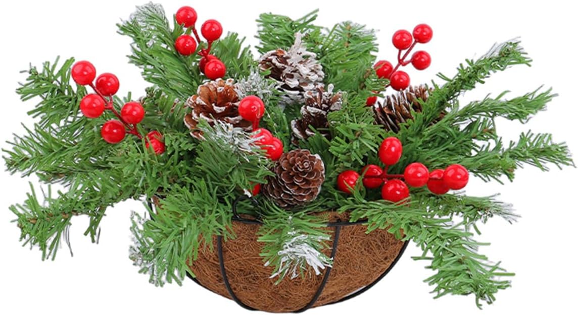 Pre-Lit Artificial Christmas Hanging Basket Christmas Decorations, Christmas Wreath Basket for Front Porch Garden Patio Outdoor Xmas Holiday Decor