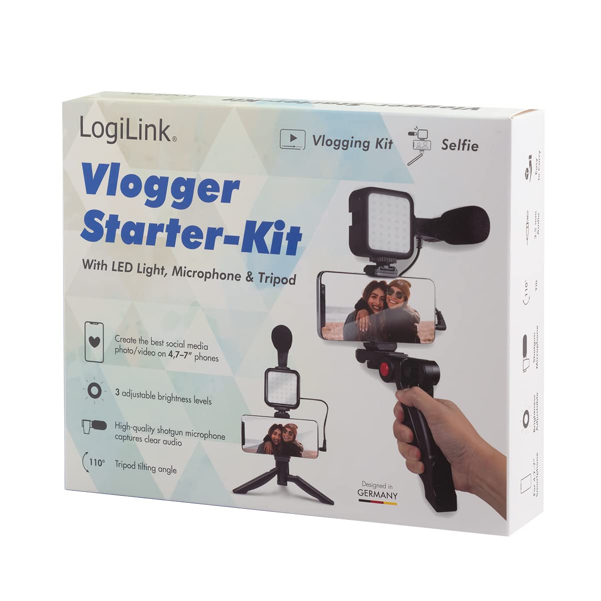 LogiLink Vlogger - Kit con luce LED (36 LED), microfono e treppiede, per smartphone da 4,7 a 7", colore: Nero