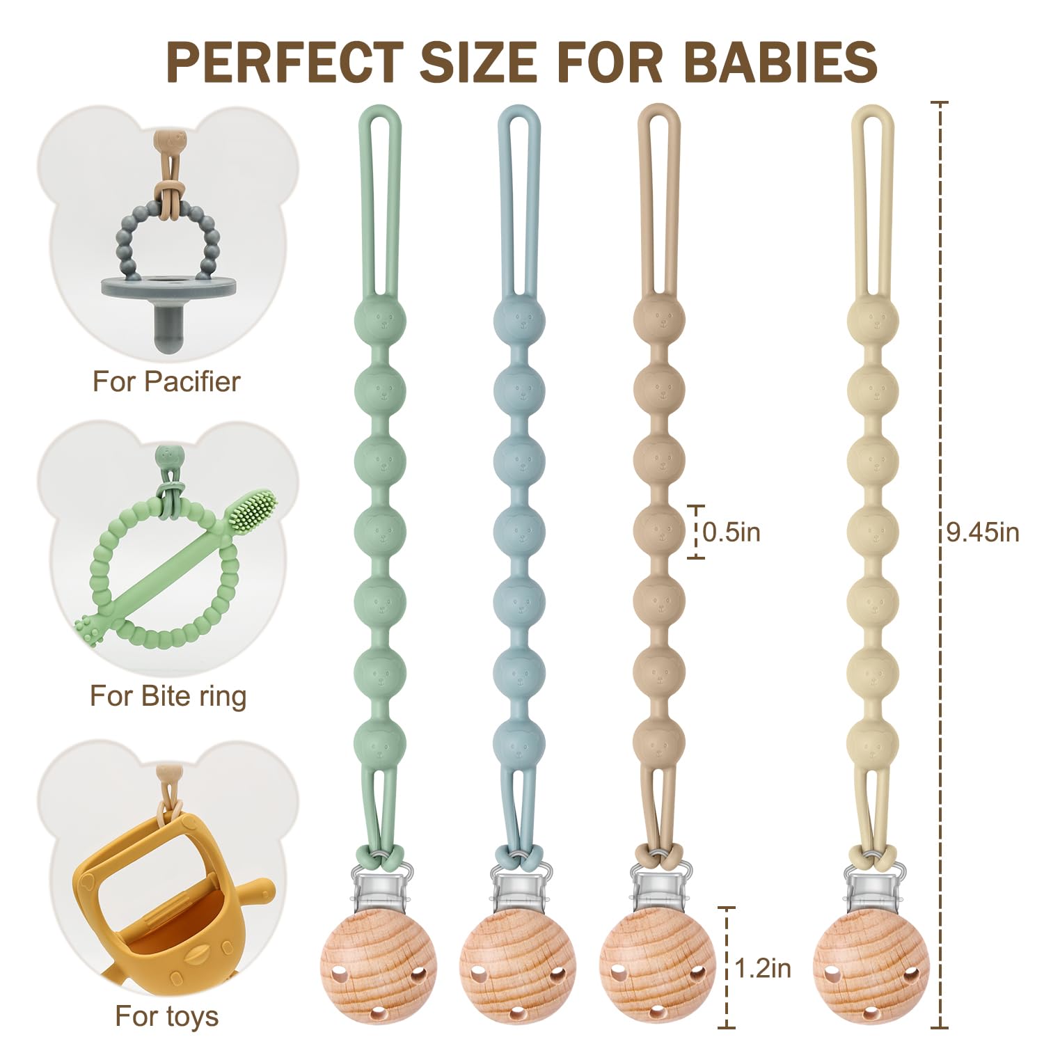 MISSLILI Baby Silicone Pacifier Clip, BPA Free, 4 Pack One Piece Soft Flexible Binky Clips Pacifier Holder Clips for Girls and Boy - Safe for Newborns