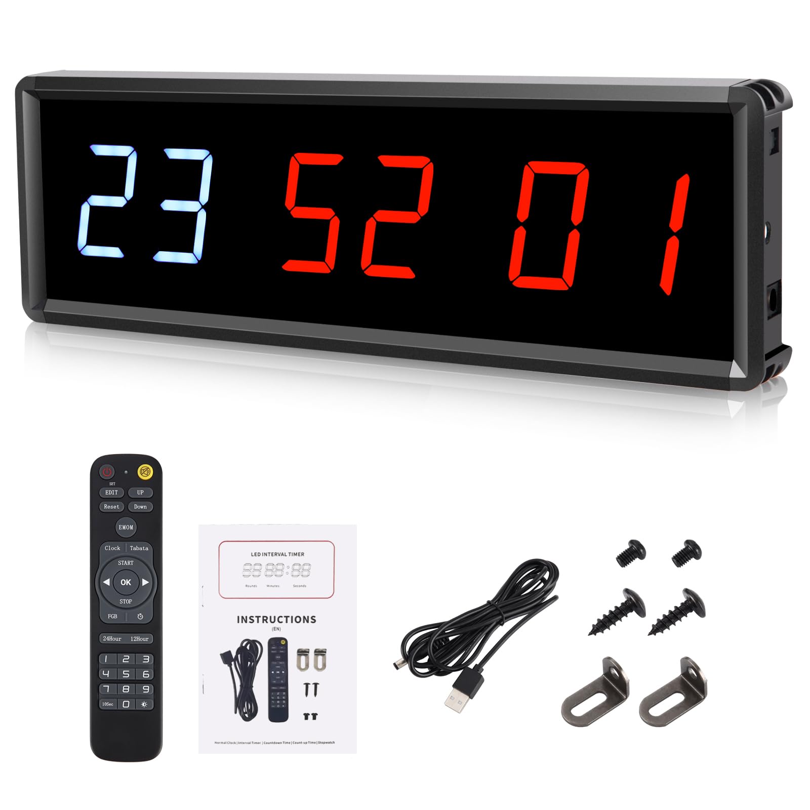 PELLOR Temporizador de Gimnasio,1.5" Temporizador de Intervalo LED,Reloj de Pared Digital Grande con Countdown/Up,Cronómetro,Brillo Ajustable,Reloj de Entrenamiento con Control Remoto para Casa Garaje