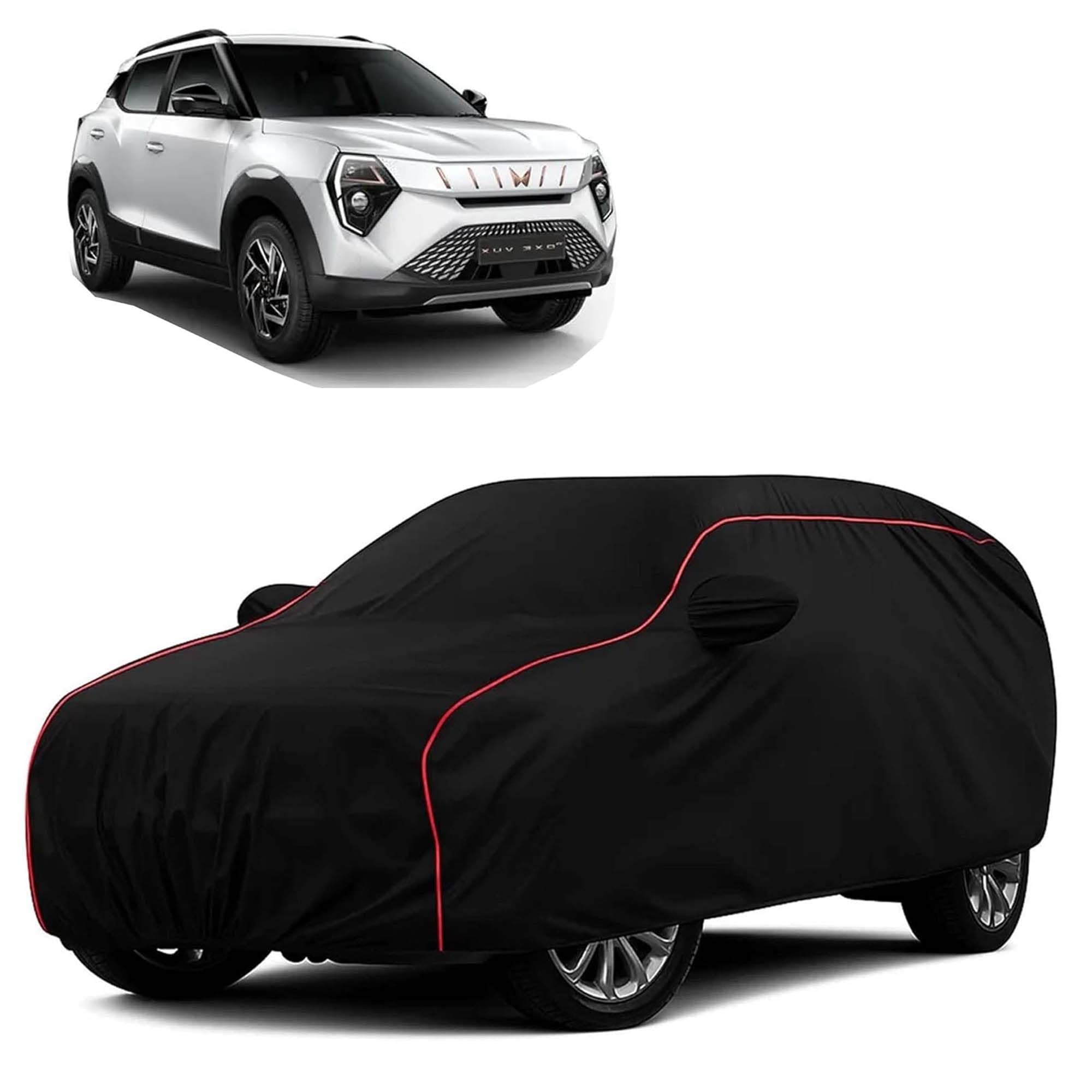 Sulfar 100% Water Resistant Car Body Cover Compatible with Mirror for Mahindra XUV 3XO EV (Triple Stitched, Full Bottom Elastic, Black with Red Piping)