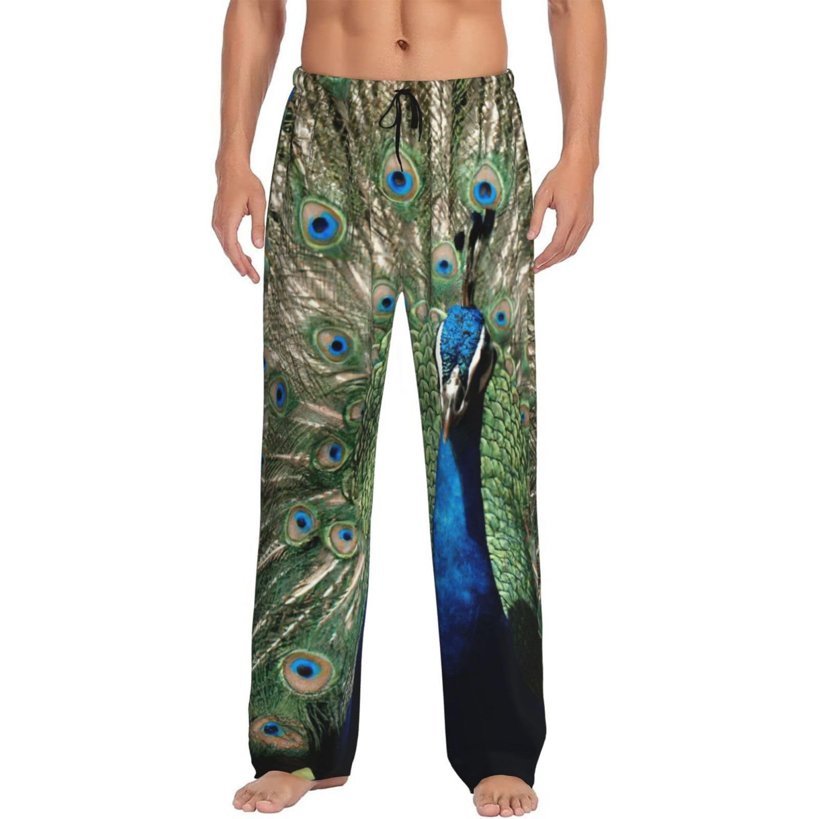 Yagdaa Men's Black The Peacock Print Pajama Pants Sleep & Lounge Pants With Pockets Pj Bottoms Loungewear For