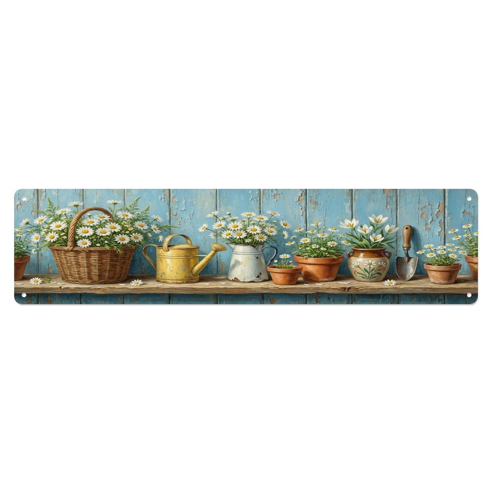 Floral Garden Tools Daisy Basket Pattern Print Metal Tin Sign
