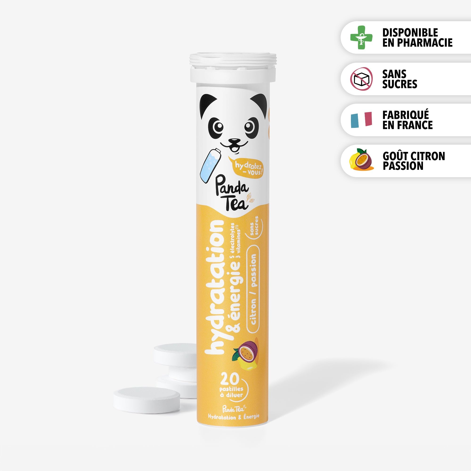 Panda Tea - Hydratation & Énergie - Citron et Passion- 60 Pastilles sans sucre - Electrolyte Ultra Hydratation - Idéale pour le Sport et le Quotidien