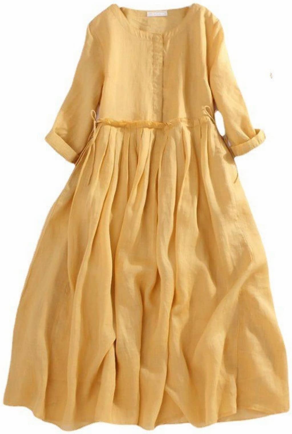 Women's Flax Spring Summer Round Neck Pleated Pull Rope Seven Point Sleeve to Show Thin Loose Long Dress
