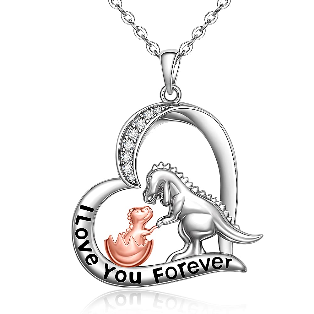 Fenthring Heart Dinosaur Necklace for Women Sterling Silver Pendant Cute Animal Dino Necklaces I Love You Forever Gifts Mother Daughter
