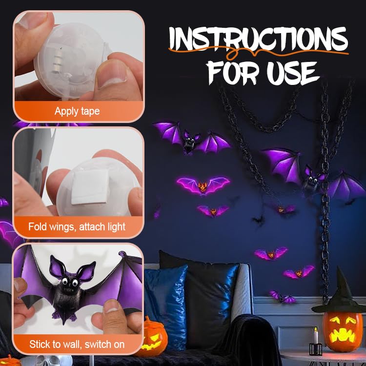 Image of 3D Bat Design LED Decoration Halloween Light up Glowing Bats Decor, Purple | 2026 New Lighted 3D Bat Stickers for Halloween Indoor Outdoor Home 3D LED Bats Window Door Party Wall Decor