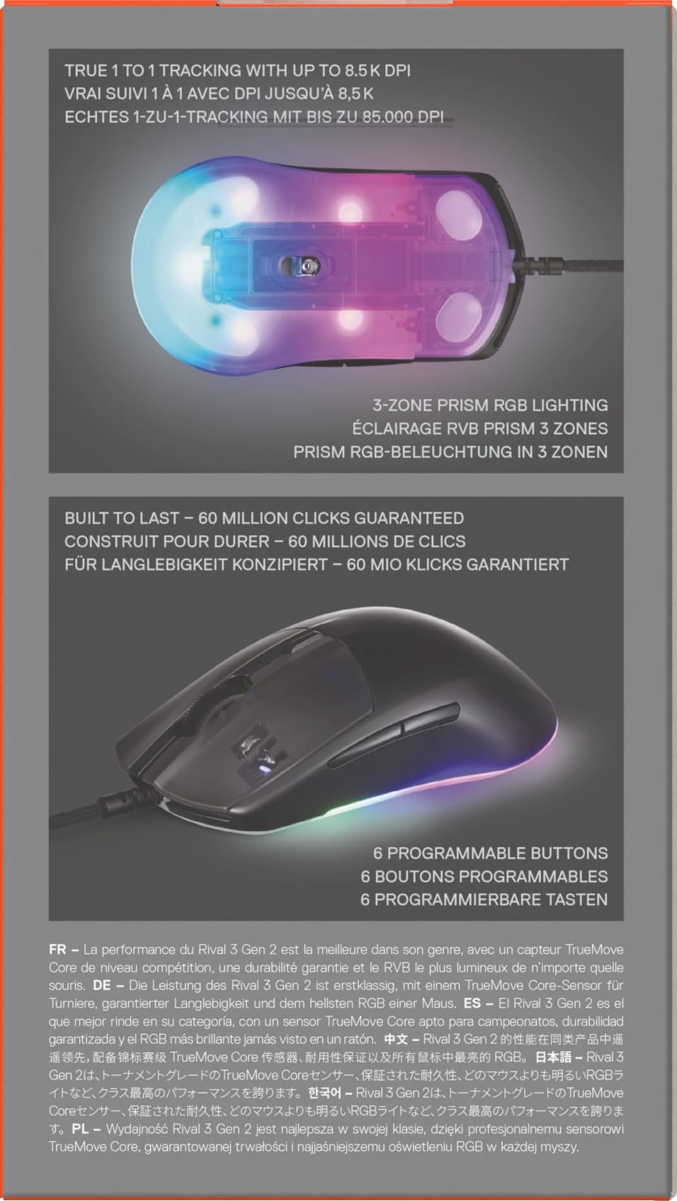 SteelSeries Rival 3 Gen 2 - Mouse Gaming - Sensore ottico TrueMove Core da 8500 DPI - 60 milioni di clic di durata - bassa latenza - 77 g di peso - 100% piedini in PTFE - RGB - Nero