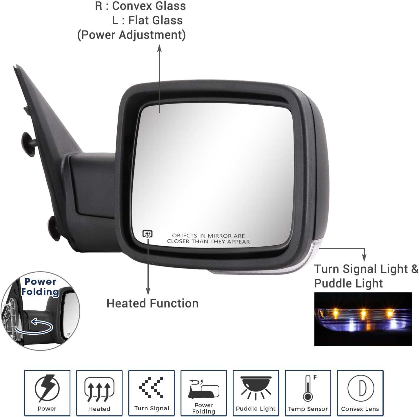 Side Mirror Compatible with Towing Mirror 2009-2018 Dodge Ram 1500 2010-2018 Dodge Ram 2500 3500 4500 5500 with POWER FOLDING Power Adjustment Heated Turn Signal temperature sensor One Pair