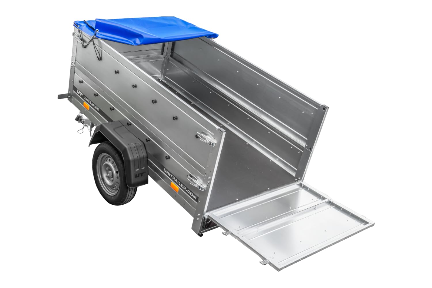 UNITRAILER Kippbarer Pkw Anhänger Garden Trailer 200 Kipp mit zusätzlichen Bordwänden, Stützrad und Flachplane