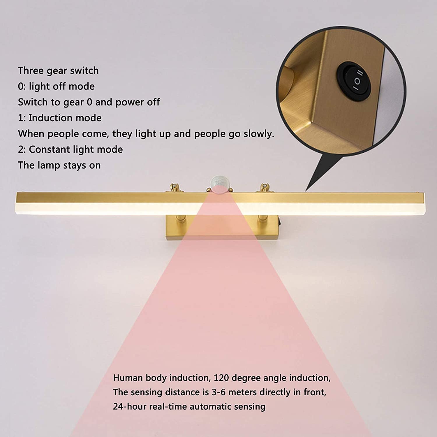 Lampada da bagno con interruttore Illuminazione a LED su specchio in ottone con sensore di movimento e lampada girevole Lampada da parete a specchio for comodino (Size : 43CM)