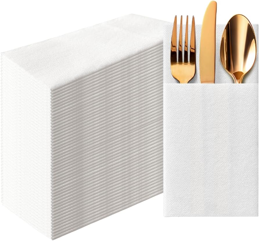 PAW - White Linen Feel Napkins with Built-in Flatware Pocket, Soft and Absorbent Paper Pre-Folded Napkins, Guest Towels, Wedding Party, Dinner, Birthday, Gatherings, 50 Count