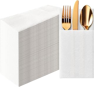 PAW - White Linen Feel Napkins with Built-in Flatware Pocket, Soft and Absorbent Paper Pre-Folded Napkins, Guest Towels, Wedding Party, Dinner, Birthday, Gatherings, 50 Count