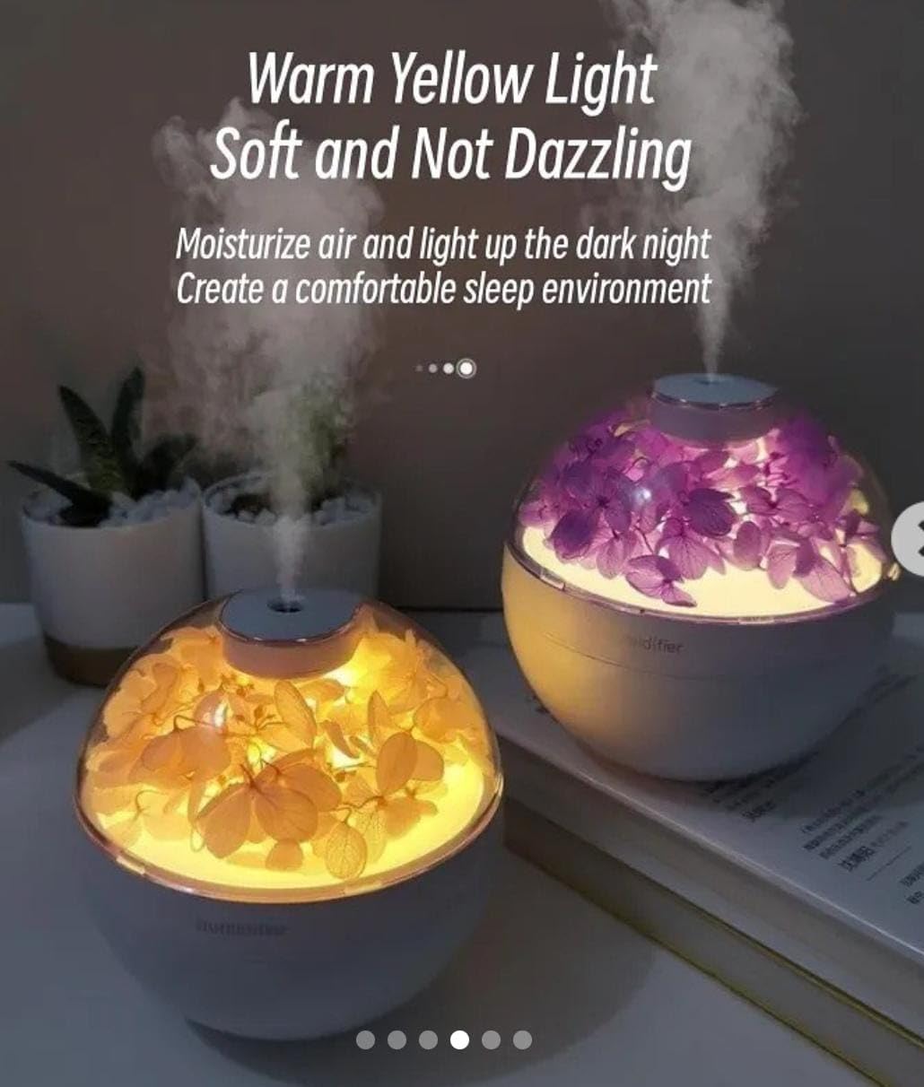 USB Aromatherapy Essential Oil Diffuser & Cool Mist Humidifier – LED Light & Dried Flowers – Quiet Air Purifier for Home, Office, Bedroom, Gift for Women 1