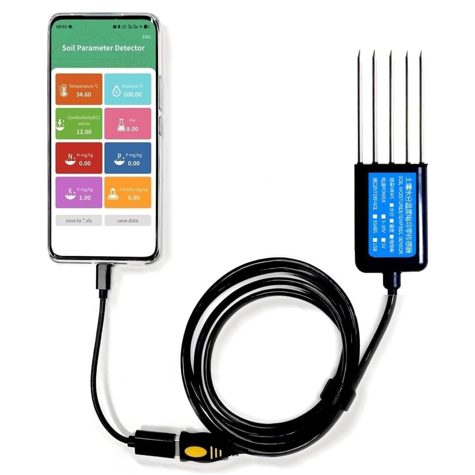Tester del suolo, Analizzatore del suolo USB, Tester digitale Npk (azoto, fosforo, potassio), Ph, Umidità, Conducibilità elettrica (ec), Test di fertilità del suolo, for piante da giardino