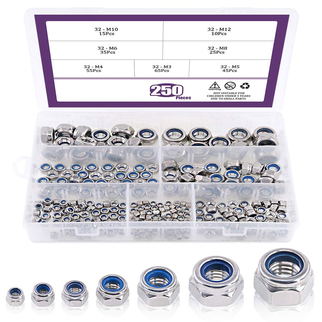 TA-VIGOR 250Pcs Nylon Hex Lock Nuts Assortment Kit, M3 M4 M5 M6 M8 M10 M12 Stainless Steel Nylon Insert Self-locking Nuts