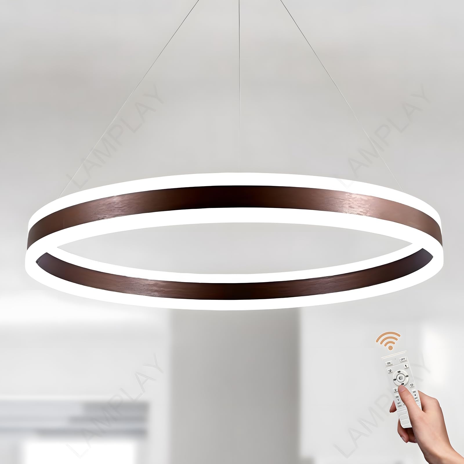 Lamplay Brown Round Led Modern Pendant Light, 1 Ring Chandelier, Dimmable With Remote Control 3000K-6000K Ceiling Light, Height Adjustable, Foyer Living Room Bedroom Dining Kitchen Island (Ø80cm)