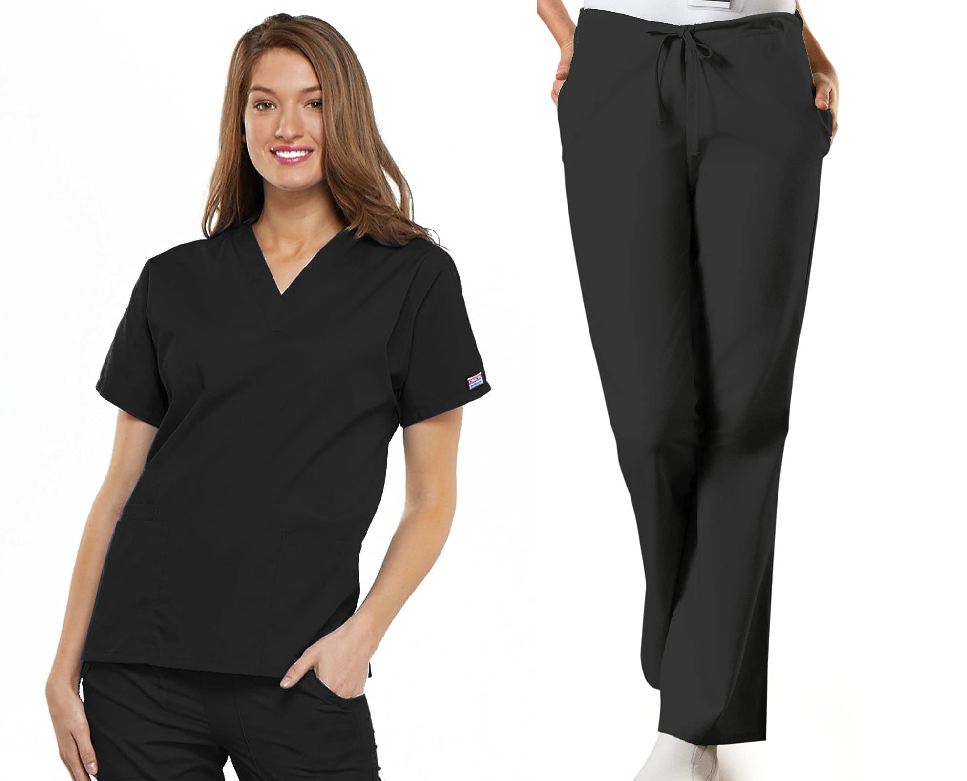 Cherokee Scrub set for women Traditional Fit Dolman Sleeve, V-neck Top 4700 Natural Rise Flare Leg Drawstring Pant 4101, Black- L Top/L Pant