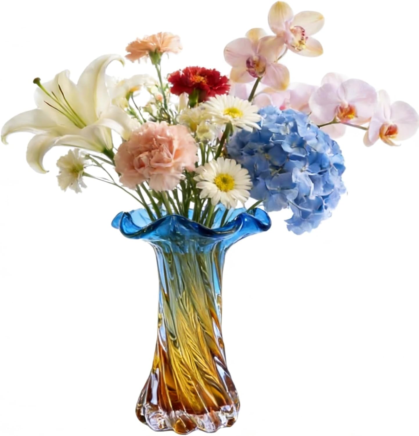 Hand Blown Glass Vase - Blue & Gold Gradient Unique Flower Vase for Centerpieces, Home Decor & Living Room Table Colored Glass Vase for Flowers