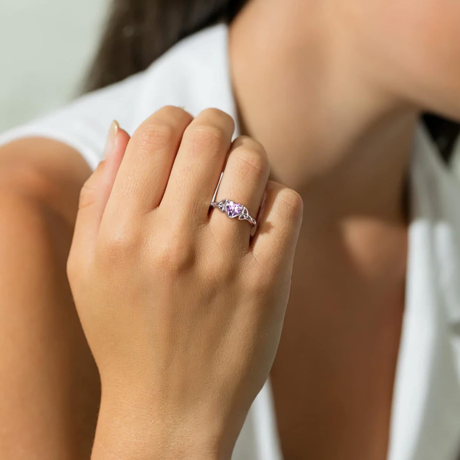 925 Sterling Silver Good Luck Celtic Twisted Knot/Claddagh Heart Birthstone Ring, Thin Delicate Adjustable Promise Engagement Ring Irish Jewelry for Women - Image 3