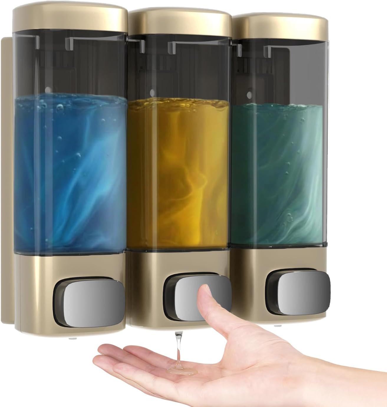 Shampoo and Conditioner Dispenser Wall Mounted, Shower Dispenser 3 Chamber No Drill, Shower Soap Dispenser with 3 * 320ML Capacity for Bathroom, Hotel, Home, Kitchen (Champagne Gold)