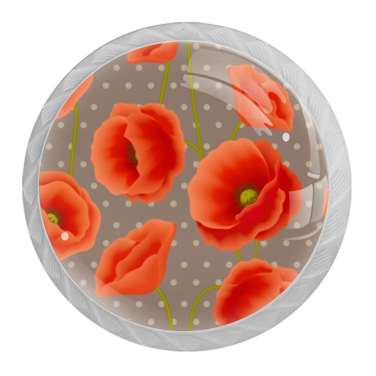 Tqmspg Multi08 4 Pieces Drawer Pulls Red Poppy Flowers Floral Dots Background Door Knobs Dresser Handles For Kitchen Wardrobe Cupboard Hardware Furniture