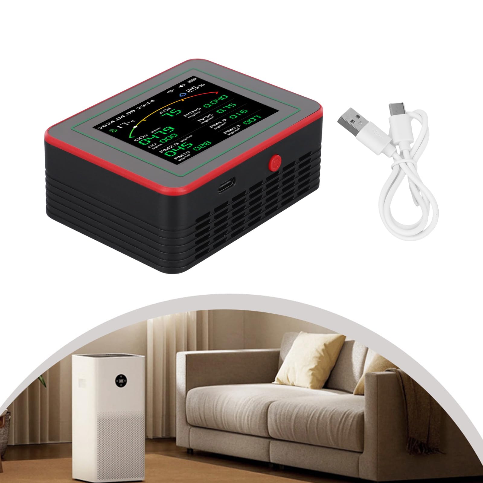 Monitor de calidad del aire 15 en 1 para el hogar y la oficina, sensor de aire interior en tiempo real con detección PM2.5 HCHO, probador IAQ para TUYA (negro)