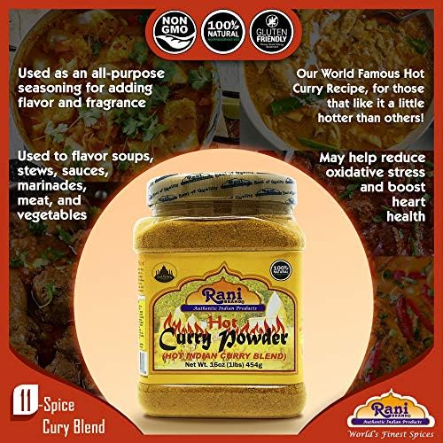 Rani Curry Powder Hot (11-Spice Authentic Indian Blend) 16oz (1lb) 454g PET Jar ~ All Natural | Salt-Free | Vegan | No Colors | Gluten Friendly | Non-GMO | Kosher | Indian Origin — view 8