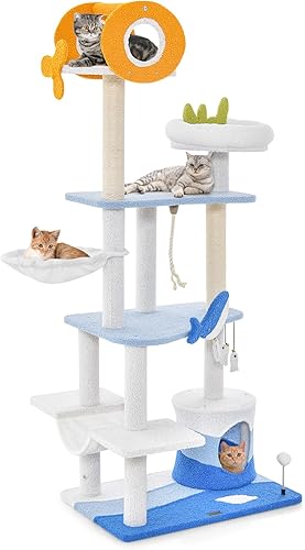 PETSITE Árbol para gatos con temática oceánica para gatos de interior, torre para gatos de varios niveles con postes rascadores de sisal natural,
