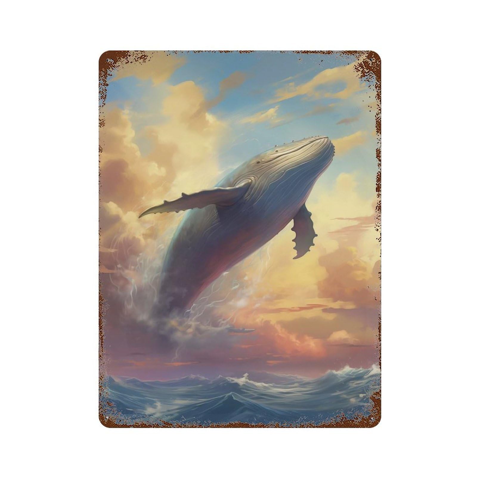 Aged Metal Wall Plaque with Flying Whale Shark Design 15.7"x11.8", for Cafe, Home Bar And Lounge Decor, Novelty Wall Decor