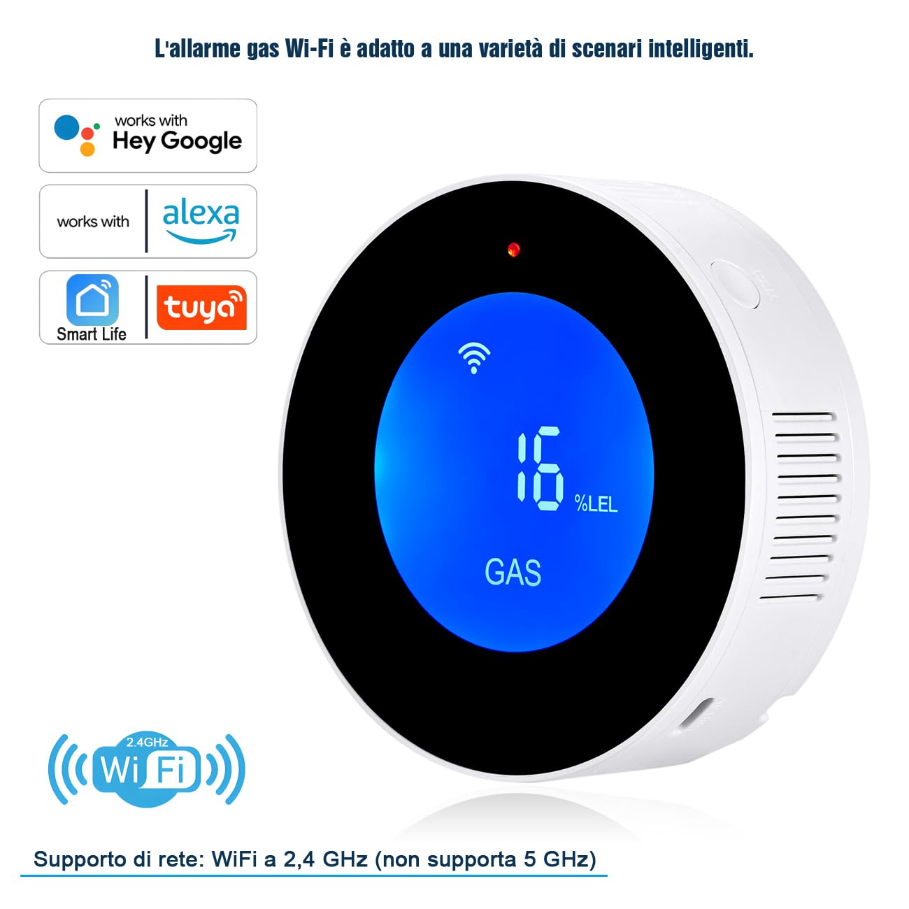 Rilevatore di Gas naturale WiFi, allarme portatile per perdite di gas compatibile con Smart APP, Tuya, monitor di gas metano con allarme vocale da 85 dB e allarme visivo di concentrazione di gas