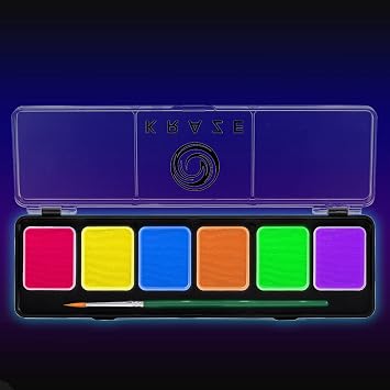 Kraze FX 6 Color Neon Face& Body Paint Palette 6 gram with Brush - Water Activated, Professional UV Glow Blacklight Reactive Face Painting Kit, Hypoallergenic & Non-Toxic, Safe for Sensitive Skin