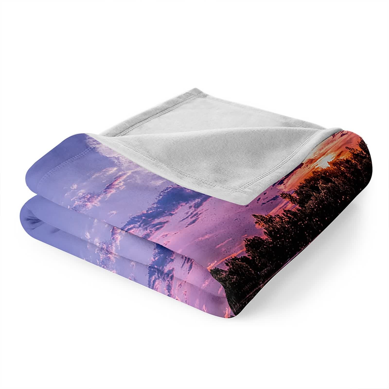 Daesar Natale Coperta Pile Fantasia, Coperte Flanella Singolo/Matrimoniale Divano/Letto Viola Chiaro Arancione Motivo Alberi e Lago Coperta Calda e Morbida, 150x200cm