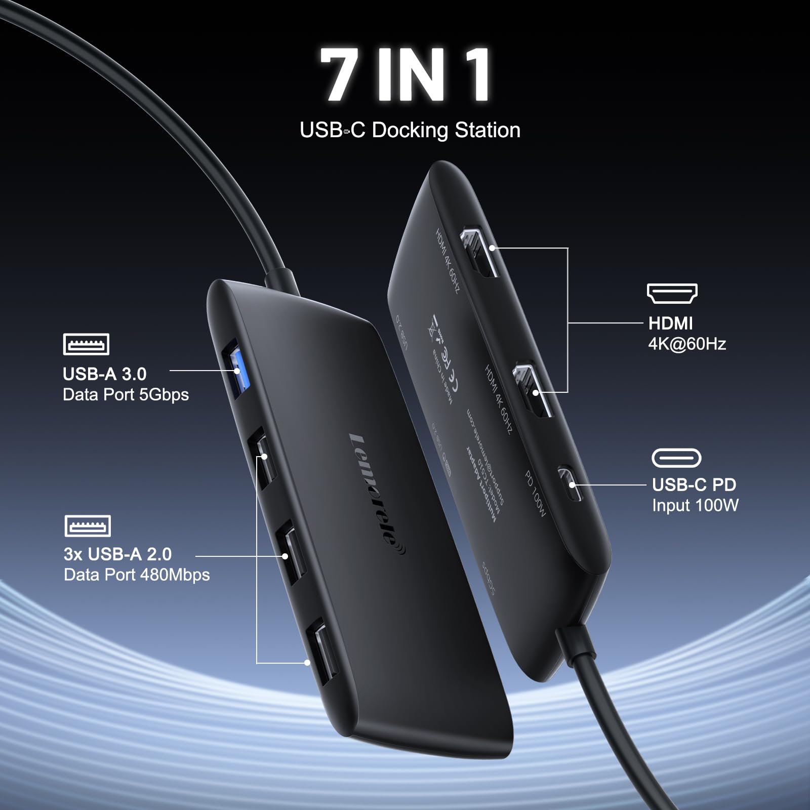 Lemorele Docking Station USB C Dual HDMI 4K60Hz, Hub USB Dual Monitor con 2*HDMI, 4 USB 3.0/2.0, PD 100W para MacBook/Windows/DELL/HP