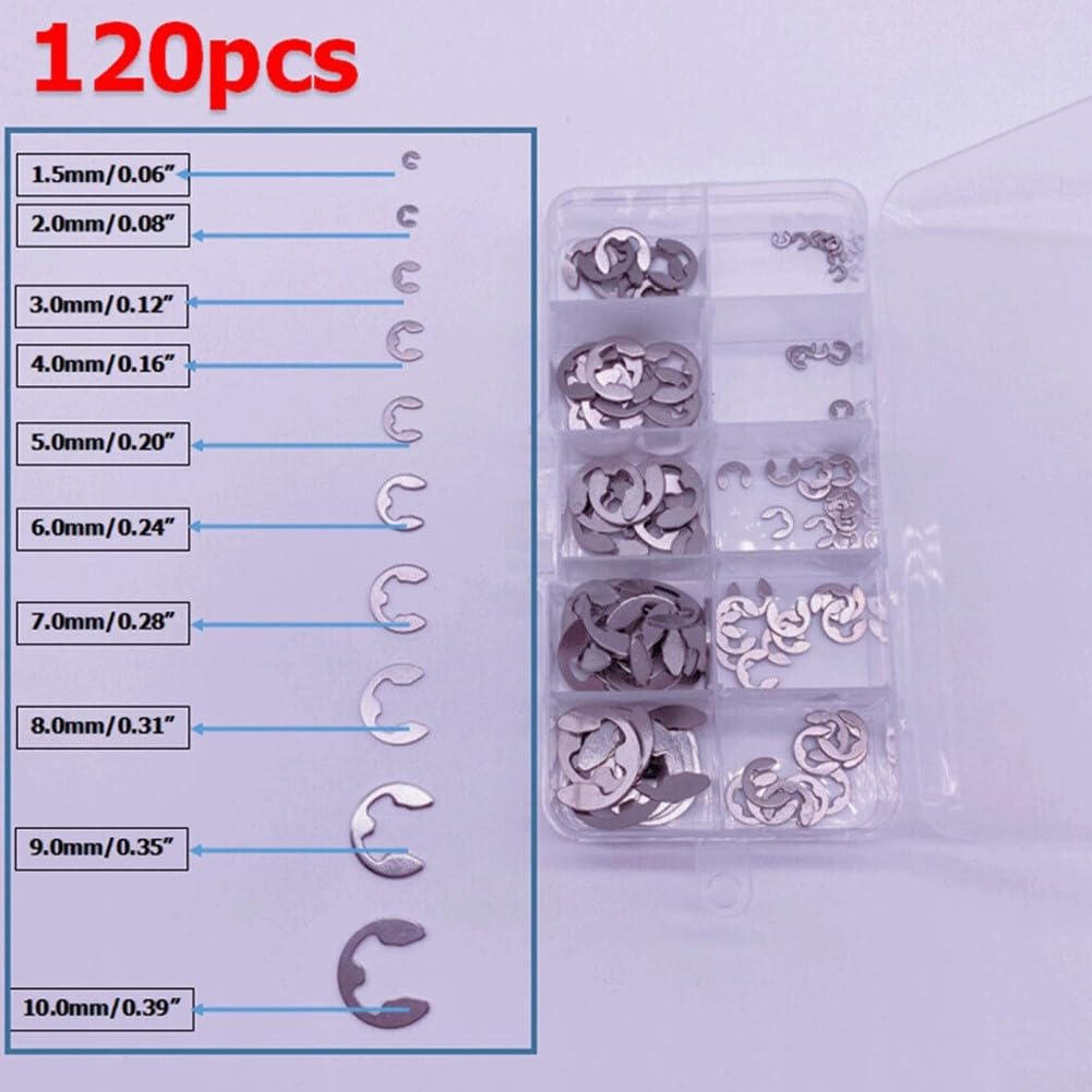 120 Piece Stainless Steel CIRCLIPS Set, Stainless Steel Opening Snap Ring, E-Clip External Retaining Ring Assortment Set, Assorted Retaining Rings With Excellent Workmanship