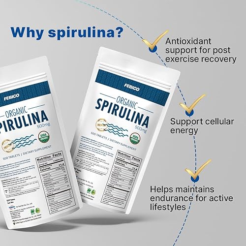 Miniatura 4 de FEBICO Tabletas de espirulina orgánica, 8.82 oz, suministro para 83 días, multivitamínico natural, proteínas, ficocianina, complejo de vitamina B,