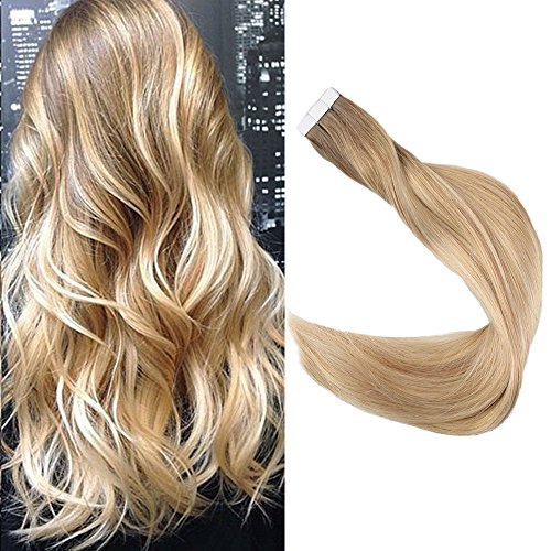 [Promotion]Full Shine 14" Balayage Tape in Extensions Human Hair Color #6 Brown Roots Fading to #27 and #60 Remy Hair Tape Extensions Double Sided 2.5g Per Piece 50g Per Package