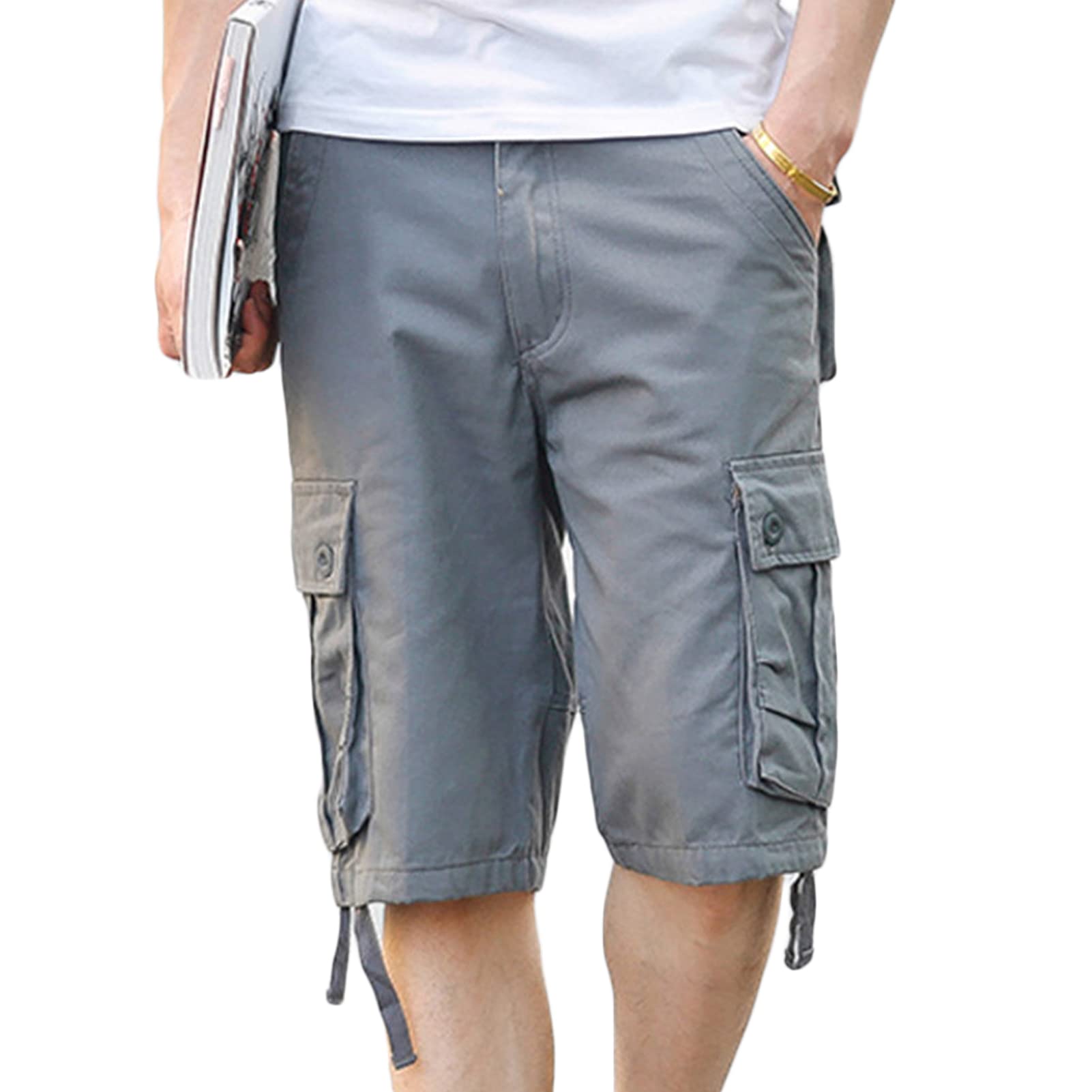 Maiyifu-GJ Mens Lightweight Multi Pocket Shorts Loose Fit Cotton Casual Cargo Shorts Outdoor Tactical Summer Short Pants (Light Grey,33)