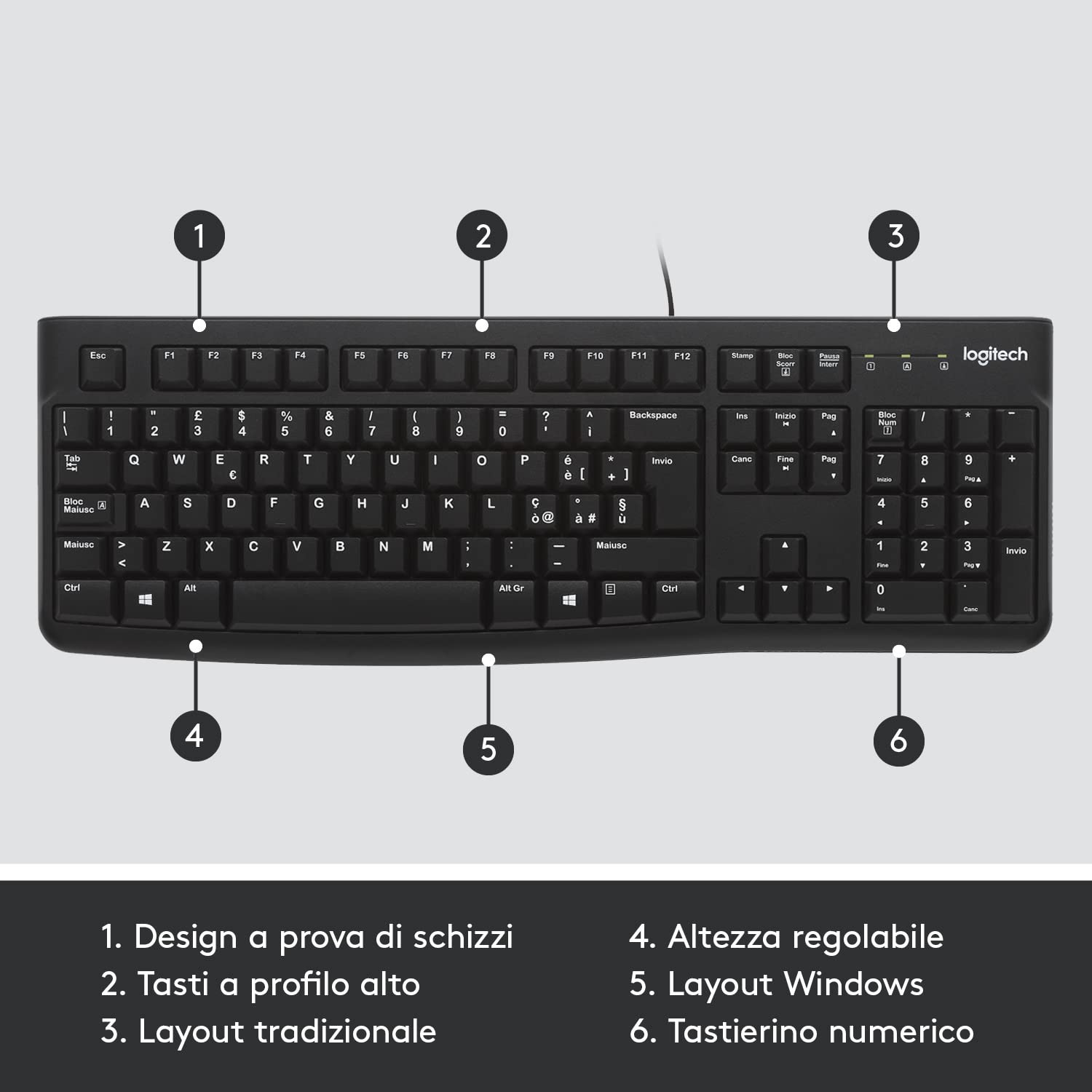 Logitech K120 Tastiera Cablata Business per Windows/Linux, USB, Tasti Silenziosi, Anti Schizzi, Barra Spaziatrice Curva, PC/Laptop, Layout Italiano QWERTY