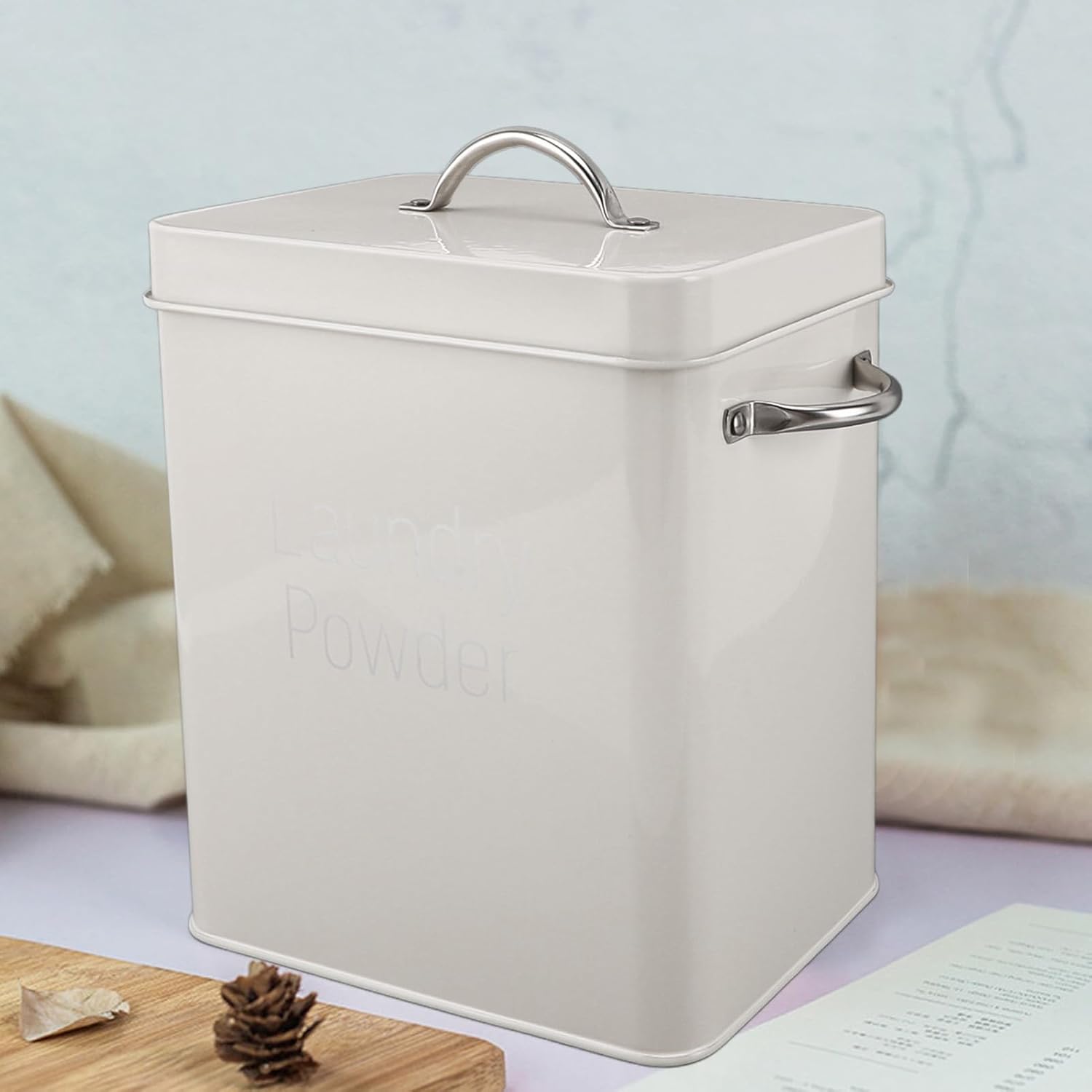 Metal Laundry Detergent Container, Laundry Pods Container with Spoon and Lid, Soap Pod Holder Storage Bin for Washing Powder Rice Dog Food (Milky White)