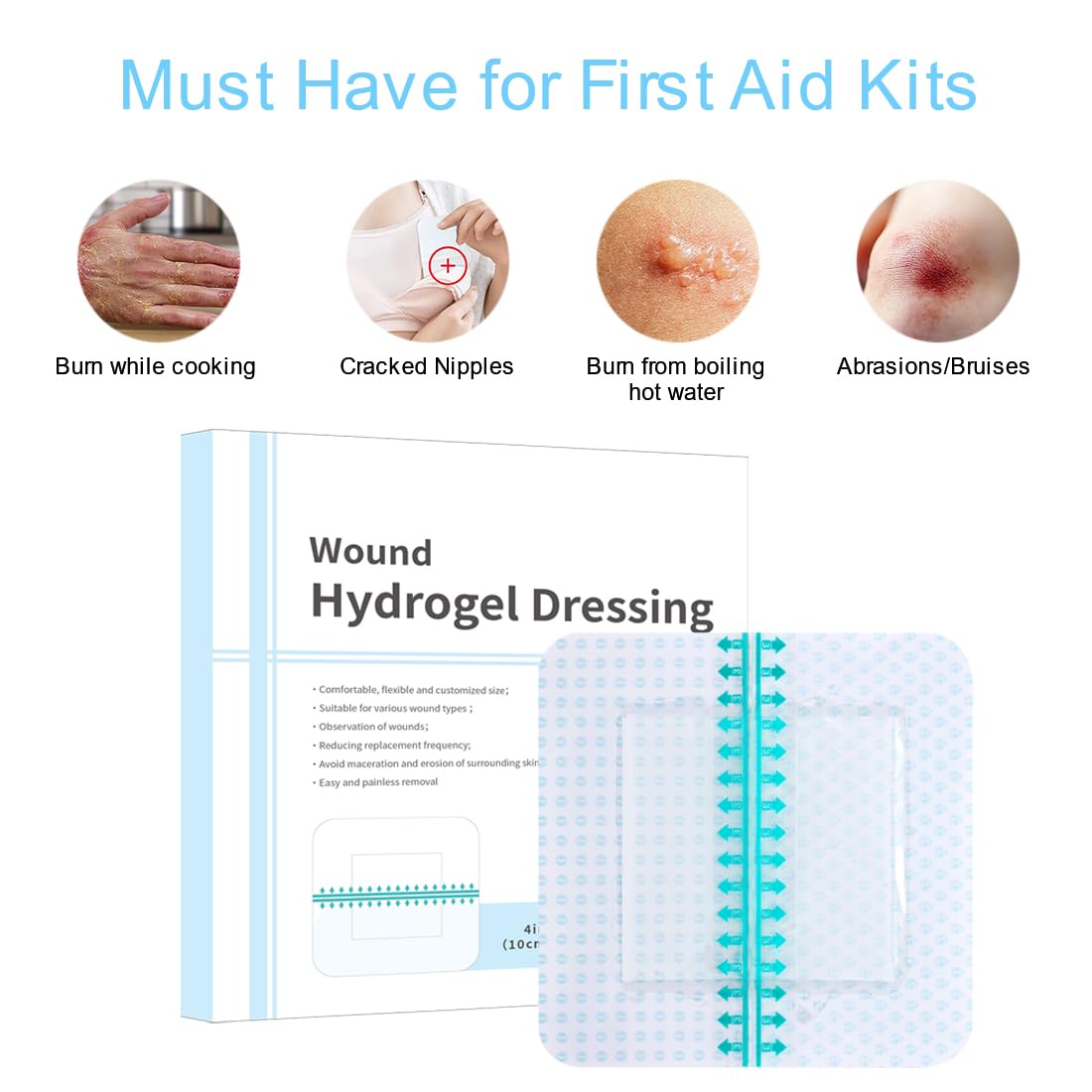 Hydrogel Burn Dressing with Border 4"x4" Self-Adhesive Waterproof Hydrocolloid Wound Dressings Patch Bandages Relief for Minor Burns, Cuts & Abrasions Pack of 5 — Amazon image 7