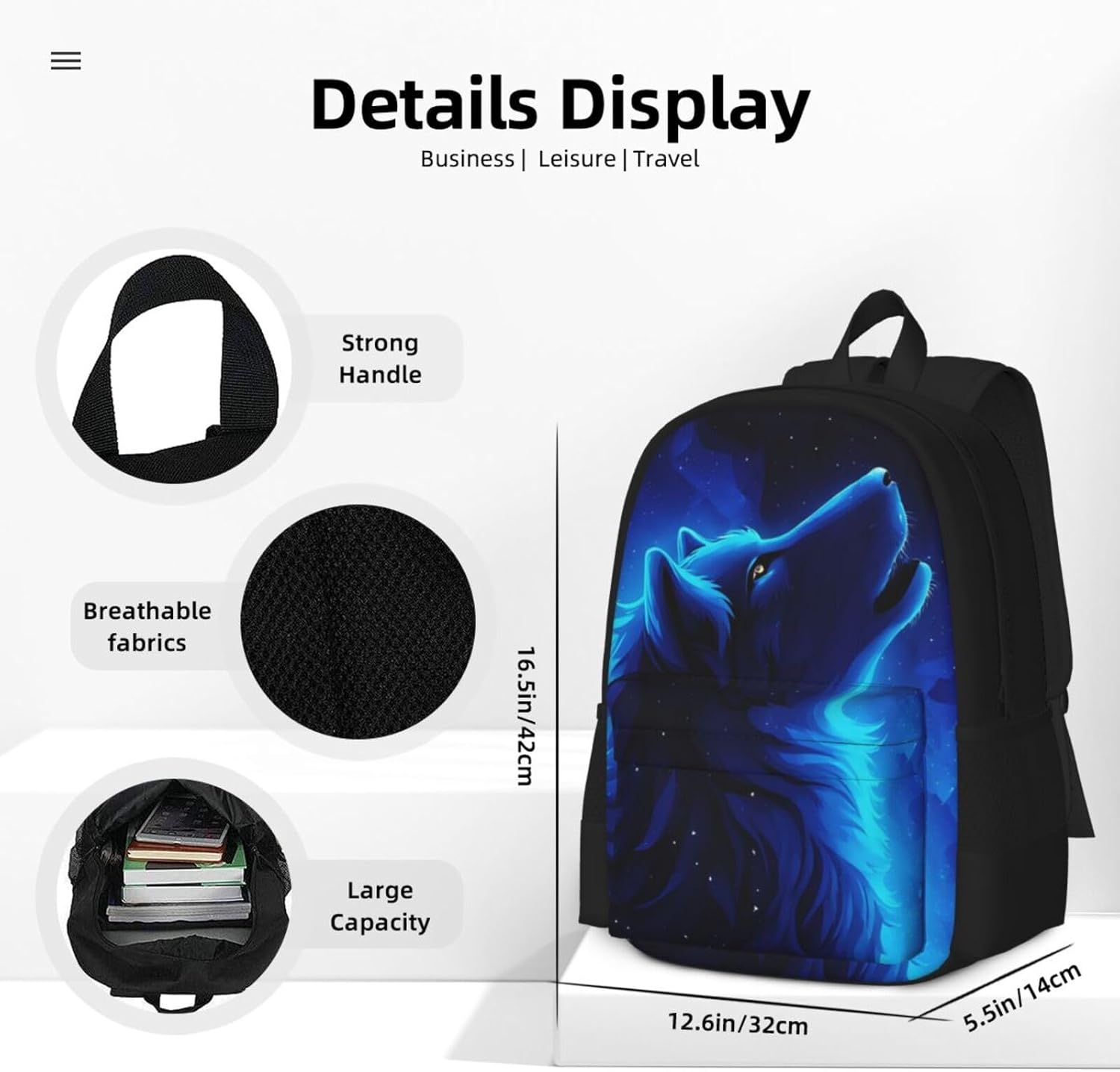 3D Animal Kids Wolf Backpacks Girls School Bookbag Shoulder Bag Casual Daypack 17 Inch Plus Laptop Bag for Unisex Women Teens 1th 3th 5th Grade