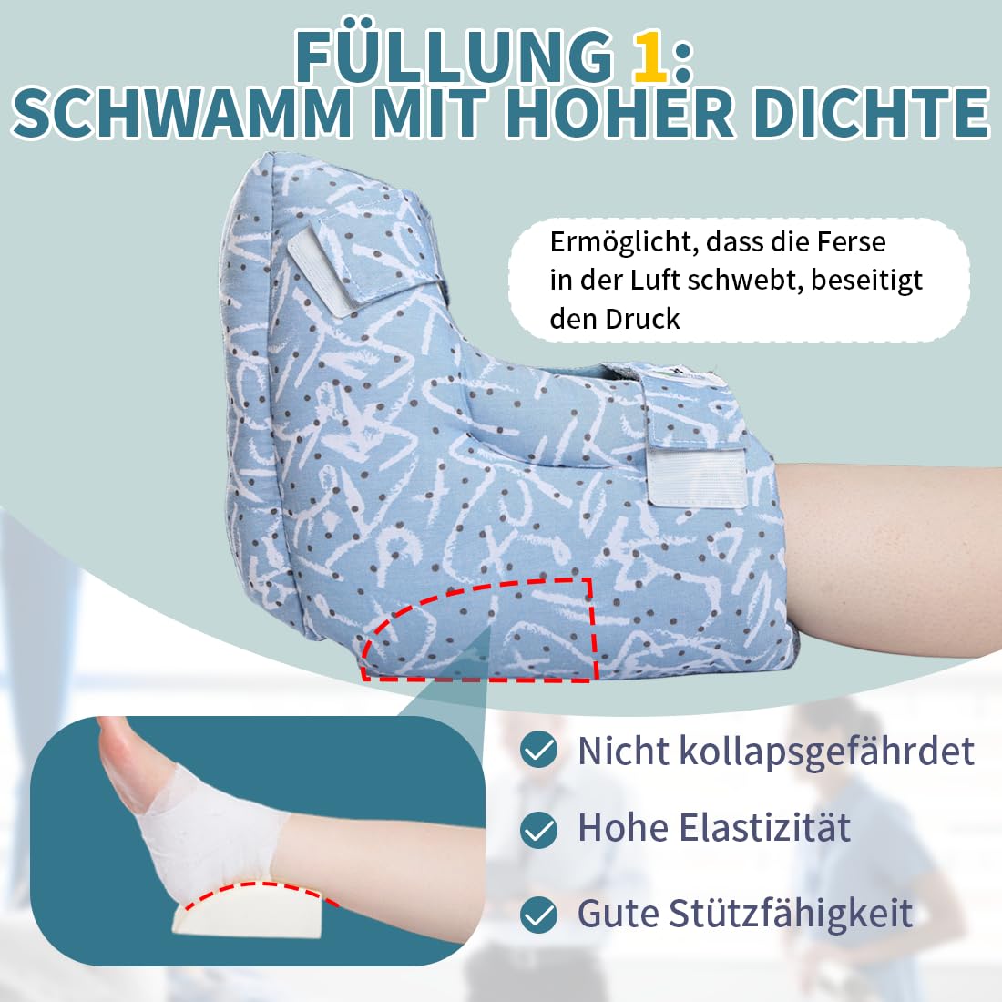 Fersenschutz für Bettlägerige–Offene Ferse gegen Druckstellen & Dekubitus, Weiches doppelt gepolstertes Fersenpolster, Atmungsaktiv, Waschbar, Unisex,1 Stück(Schlichtes Streifenmuster, Einheitsgröße)